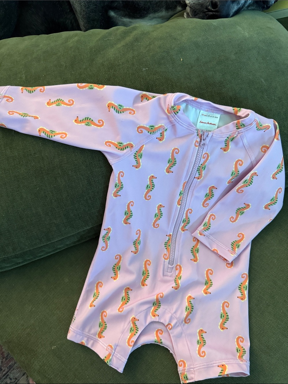 Hanna Andersson Lilac Rashguard One-Piece with Orange & Green Seahorse Print